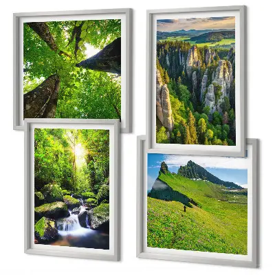 Set of 4 wall art pieces featuring a green mountain waterfall and forest scene