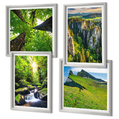 Set of 4 wall art pieces Green mountains waterfall forest