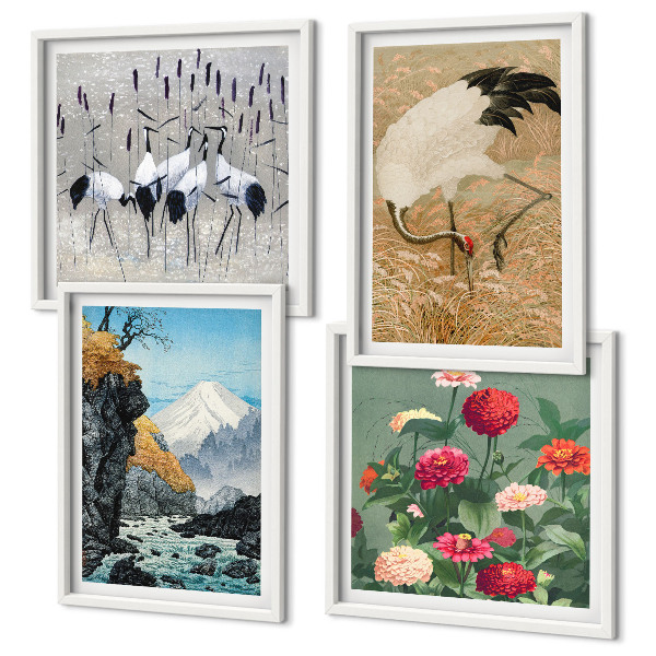 Set of 4 wall art pieces Mountains, river, flowers, cranes