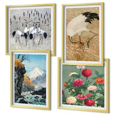 Set of 4 wall art pieces featuring mountains, a river, flowers, and cranes