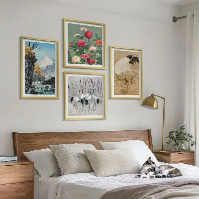 Set of 4 wall art pieces featuring mountains, a river, flowers, and cranes