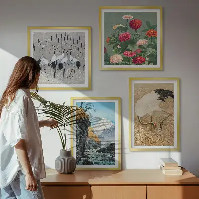 Set of 4 wall art pieces featuring mountains, a river, flowers, and cranes