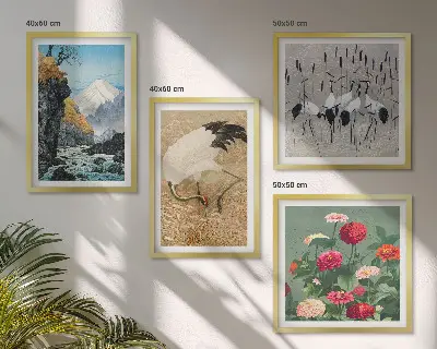 Set of 4 wall art pieces featuring mountains, a river, flowers, and cranes