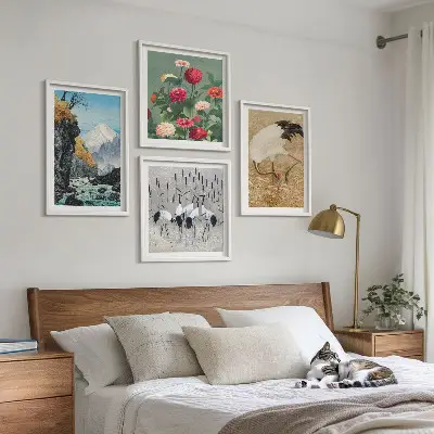 Set of 4 wall art pieces featuring mountains, a river, flowers, and cranes