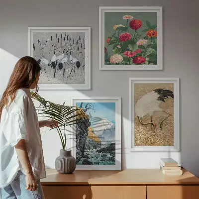 Set of 4 wall art pieces featuring mountains, a river, flowers, and cranes