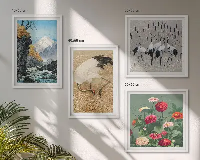 Set of 4 wall art pieces featuring mountains, a river, flowers, and cranes