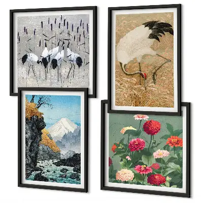 Set of 4 wall art pieces featuring mountains, a river, flowers, and cranes