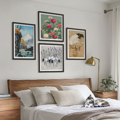 Set of 4 wall art pieces Mountains, river, flowers, cranes