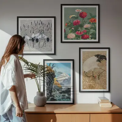 Set of 4 wall art pieces featuring mountains, a river, flowers, and cranes