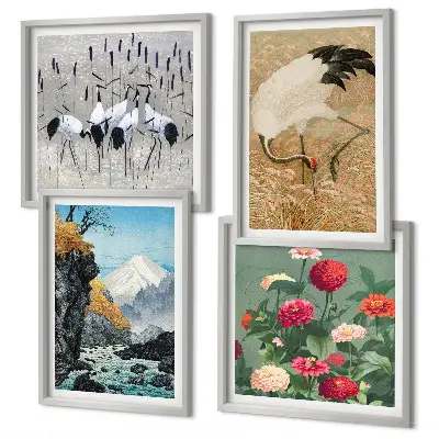 Set of 4 wall art pieces featuring mountains, a river, flowers, and cranes