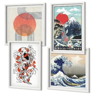 Japanese mountain and wave illustration wall art set set of mountain and fish wave prints