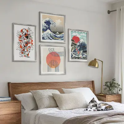 Japanese mountain and wave illustration wall art set set of mountain and fish wave prints