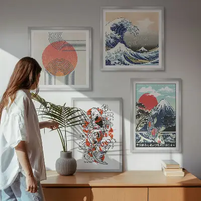 Japanese mountain and wave illustration wall art set set of mountain and fish wave prints