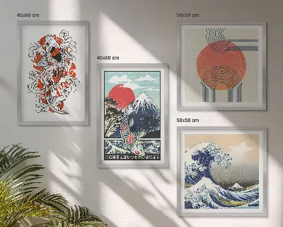 Wall art set Illustrations of mountains of fish wave Japan
