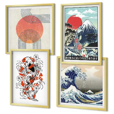Japanese mountain and wave illustration wall art set set of mountain and fish wave prints