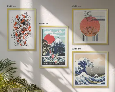 Japanese mountain and wave illustration wall art set set of mountain and fish wave prints