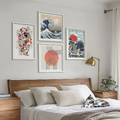 Japanese mountain and wave illustration wall art set set of mountain and fish wave prints