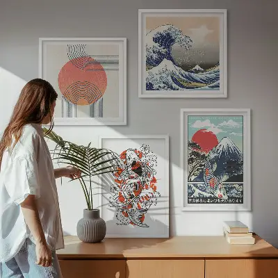 Japanese mountain and wave illustration wall art set set of mountain and fish wave prints