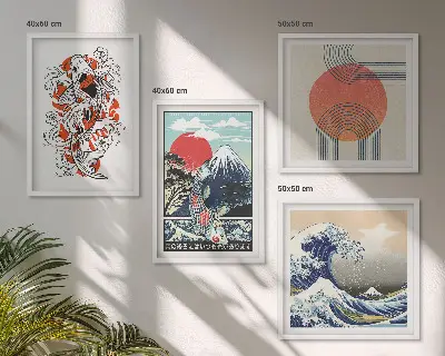 Wall art set Illustrations of mountains of fish wave Japan
