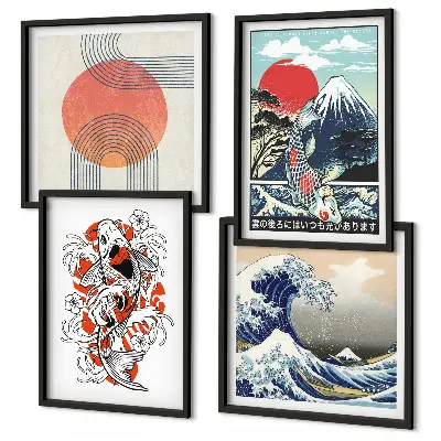 Wall art set Illustrations of mountains of fish wave Japan