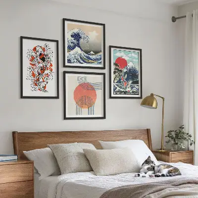 Japanese mountain and wave illustration wall art set set of mountain and fish wave prints