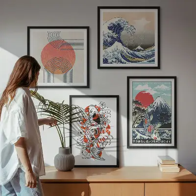 Japanese mountain and wave illustration wall art set set of mountain and fish wave prints