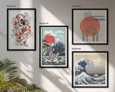 Japanese mountain and wave illustration wall art set set of mountain and fish wave prints