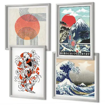 Wall art set Illustrations of mountains of fish wave Japan