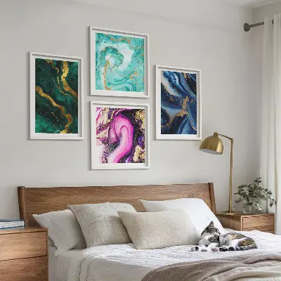 Multi-piece wall art set abstract patterns in pink, green, and blue