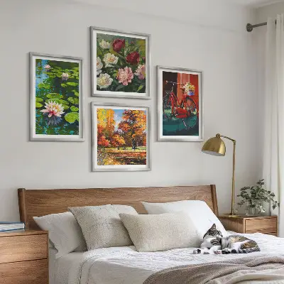 Wall art set water lilies with bicycle and flowers