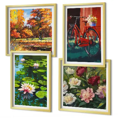 Wall art set water lilies with bicycle and flowers