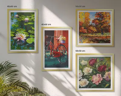 Wall art set water lilies with bicycle and flowers