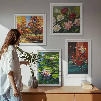 Wall art set water lilies with bicycle and flowers