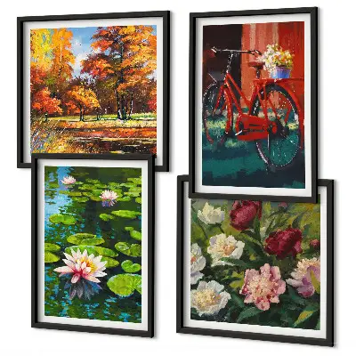 Wall art set water lilies with bicycle and flowers