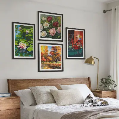 Wall art set water lilies with bicycle and flowers