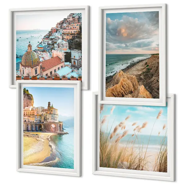 Set of 4 landscape wall art pieces featuring beach, city, and cliff scenes