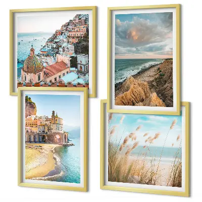 Set of 4 landscape wall art pieces featuring beach, city, and cliff scenes