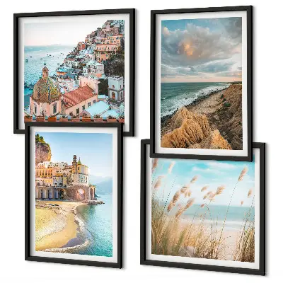 Set of 4 landscape wall art pieces featuring beach, city, and cliff scenes