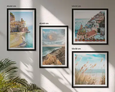 Set of 4 landscape wall art pieces featuring beach, city, and cliff scenes