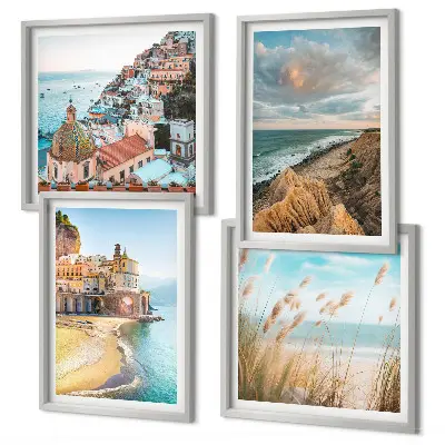 Set of 4 landscape wall art pieces featuring beach, city, and cliff scenes