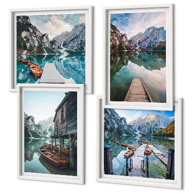 Wall art set Lake mountains wooden boats