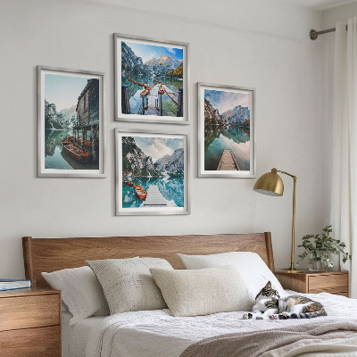 Wall art set Lake mountains wooden boats