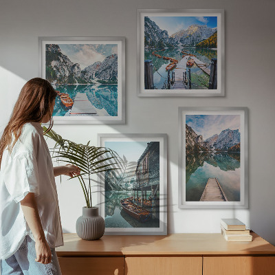 Wall art set Lake mountains wooden boats
