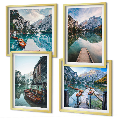Wall art set Lake mountains wooden boats