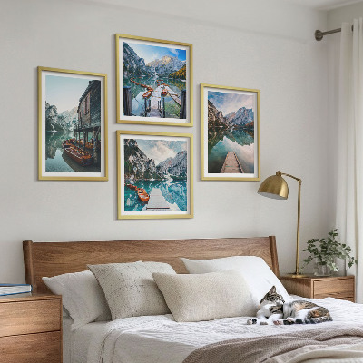 Wall art set Lake mountains wooden boats