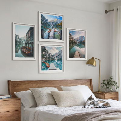 Wall art set Lake mountains wooden boats