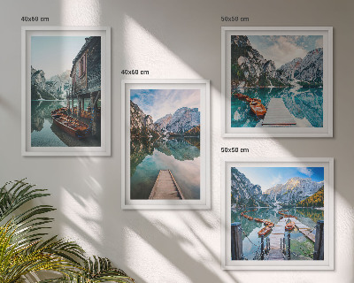 Wall art set Lake mountains wooden boats