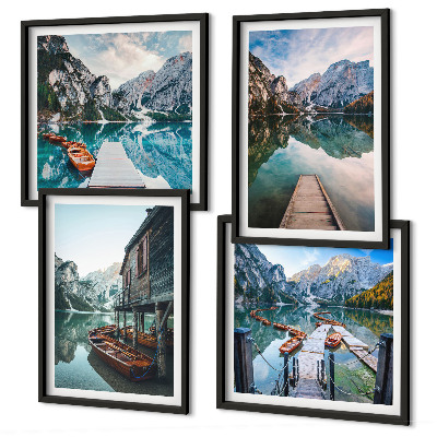 Wall art set Lake mountains wooden boats