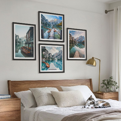 Wall art set Lake mountains wooden boats