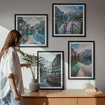 Wall art set Lake mountains wooden boats